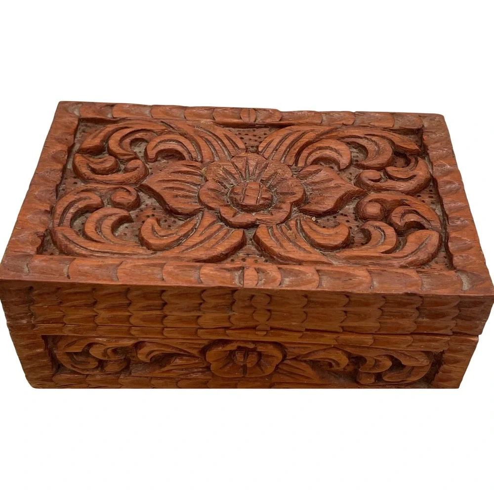 Vintage Hand Carved Floral Wood Jewelry Trinket Box Red Felt Lined Footed 6.5